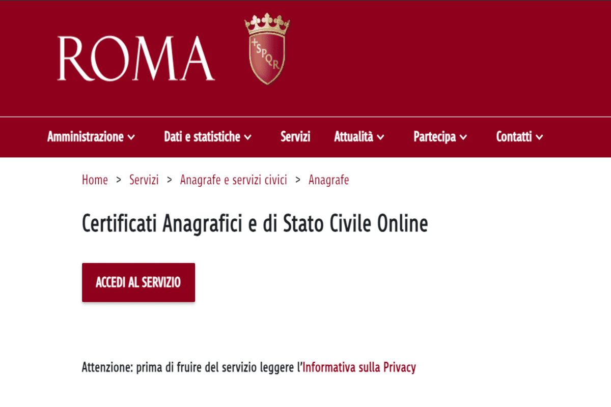 Spazio del portale anagrafe nel sito del Comune di Roma