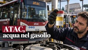 Immagine illustrativa sui casi di acqua nel gasolio Atac nelle rimesse di Roma, con autobus e controllo di un campione di carburante