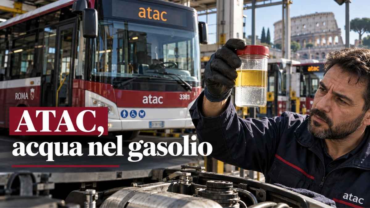 Immagine illustrativa sui casi di acqua nel gasolio Atac nelle rimesse di Roma, con autobus e controllo di un campione di carburante