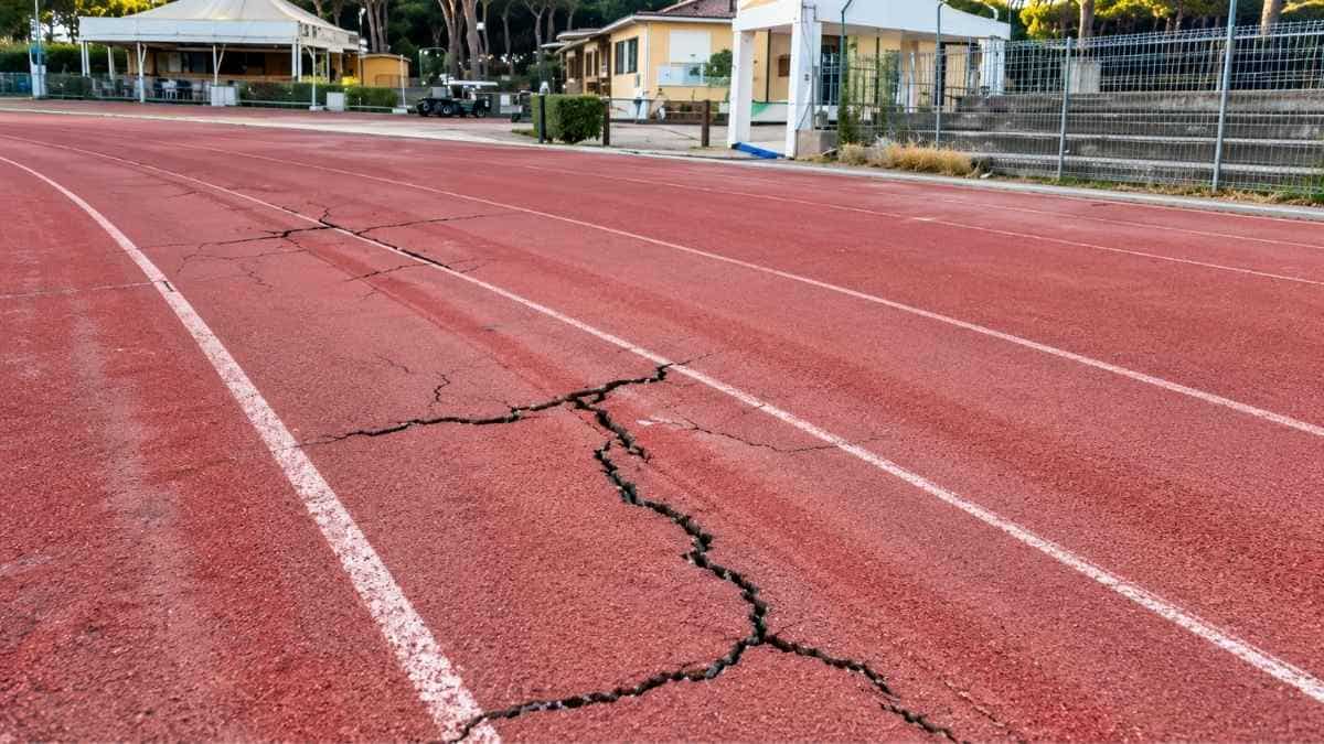 Pista di atletica dello Stadio Giannattasio di Ostia con crepe e danni visibili sulla superficie