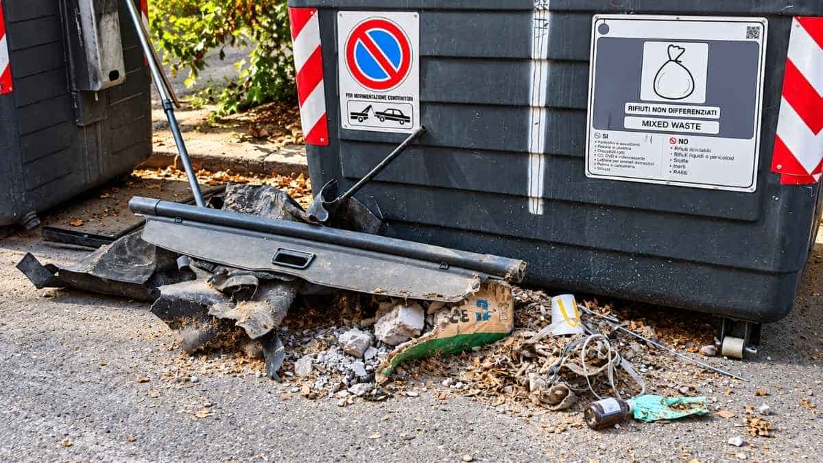Rifiuti e materiali ingombranti lasciati accanto ai cassonetti in via Lucio Lepidio a Ostia