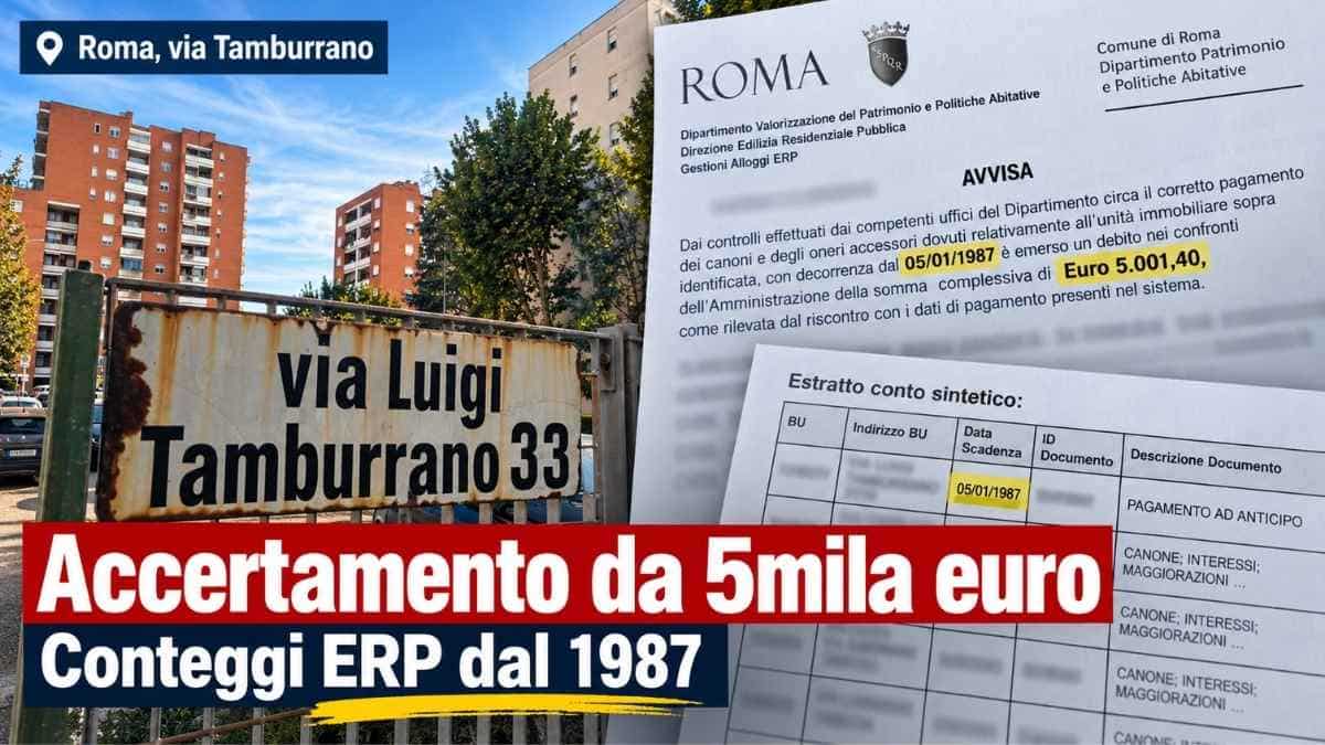 Roma, via Tamburrano: accertamento esecutivo da oltre 5mila euro per un inquilino ERP con conteggi che partono dal 1987.