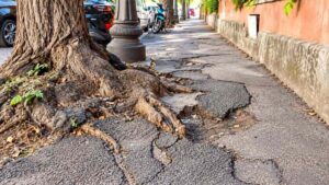 Marciapiede dissestato in via San Quintino all’Esquilino, Roma, con radici affioranti, buche e asfalto danneggiato