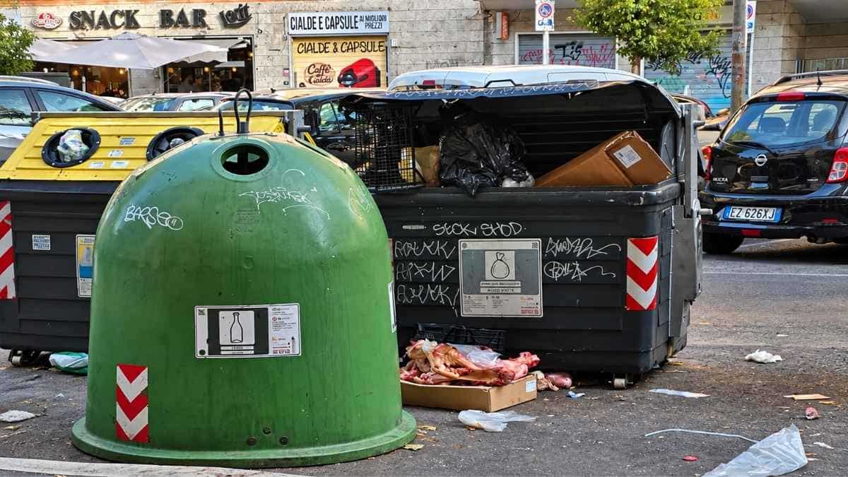 Resti animali lasciati accanto ai cassonetti in via Enrico Fermi, nel quartiere Marconi a Roma