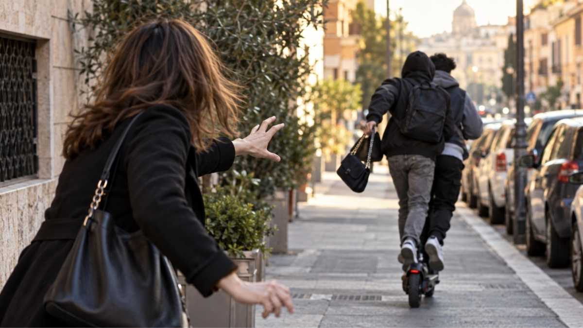 Scippo a Roma, immagine illustrativa con una donna e due giovani in fuga su un monopattino