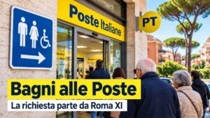 Bagni negli uffici postali, ingresso di una sede di Poste Italiane con utenti in attesa e simbolo dei servizi igienici