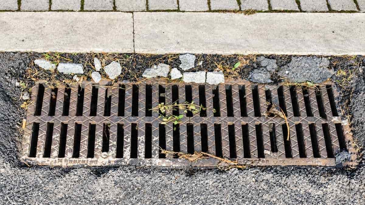 Caditoia stradale con asfalto deteriorato e pietre lungo il marciapiede in via Federico Bazzini, agli Stagni di Ostia Antica.