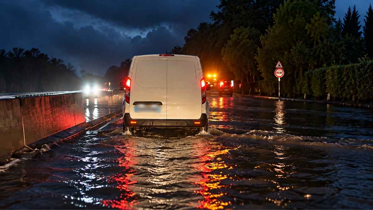 Pontina allagata a Borgo Isonzo: ricostruzione digitale di un furgone bianco che attraversa una carreggiata invasa dall'acqua.
