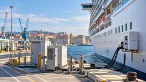 Porto di Civitavecchia, nave da crociera ormeggiata con impianti di alimentazione elettrica da terra per l'elettrificazione delle banchine.