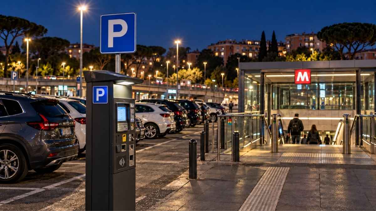 Parcheggio di scambio a Roma di notte con auto in sosta, parchimetro e ingresso della metropolitana