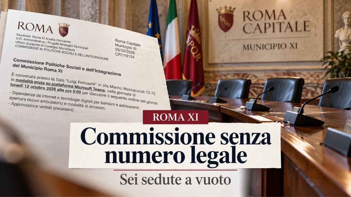 Roma XI, Commissione Politiche Sociali senza numero legale per sei sedute secondo Marco Palma. Immagine illustrativa con convocazione istituzionale e aula vuota.