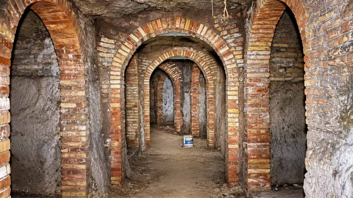 Tunnel sotterraneo di Villa Bonelli, sede del Municipio XI di Roma, con archi in mattoni e cunicoli interni.
