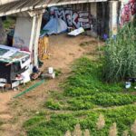 Roma, baracche e tende sotto il cavalcavia di via Portuense, all'altezza di viale Isacco Newton, tra strutture di fortuna e vegetazione.