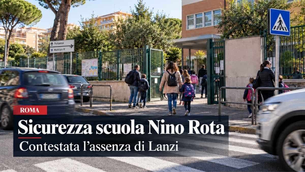 Roma, sicurezza degli accessi alla scuola Nino Rota nel Municipio XI: illustrazione digitale con genitori, studenti, attraversamento pedonale e traffico.