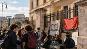 Studenti davanti all'ingresso di una scuola a Roma durante un'occupazione scolastica, con striscioni e cartelli di protesta.
