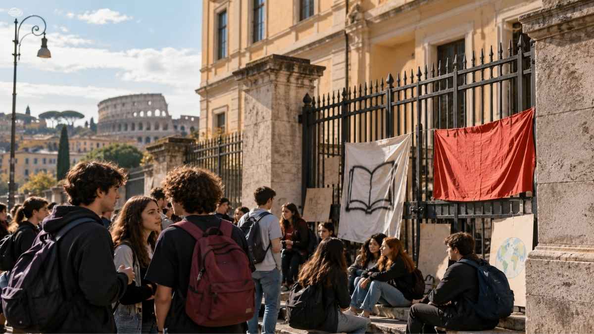Studenti davanti all'ingresso di una scuola a Roma durante un'occupazione scolastica, con striscioni e cartelli di protesta.