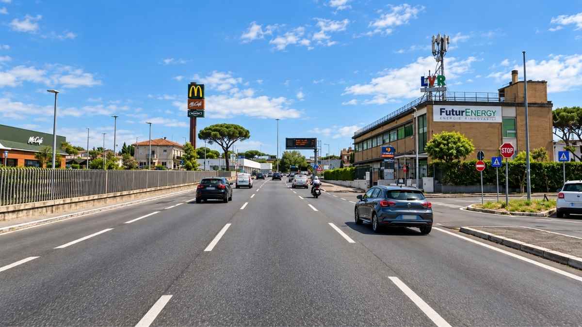 Traffico su via Anagnina a Roma, nel tratto compreso tra i civici 3 e 19, dove è stato segnalato il caso della rimozione di un impianto per la sicurezza dell’attraversamento pedonale.