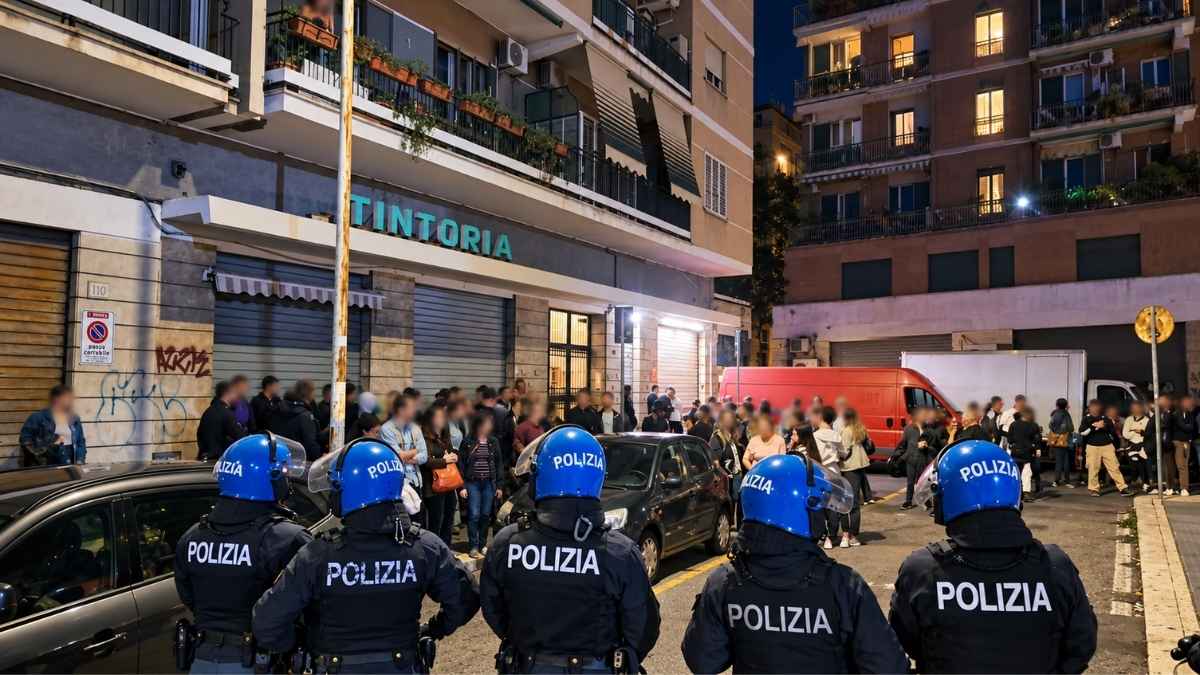 Tor Pignattara, agenti della Polizia in tenuta antisommossa davanti a un gruppo di cittadini durante la fiaccolata per la sicurezza dell'11 ottobre 2026.